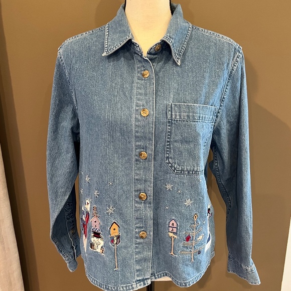 Vintage Christopher & Banks Embroidered Denim Snowman Button-up Shirt, Size Med - Picture 1 of 14